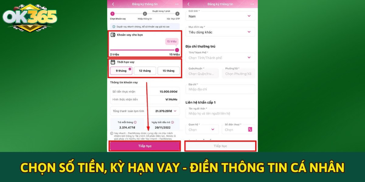 Chọn số tiền, kỳ hạn vay và điền thông tin cá nhân