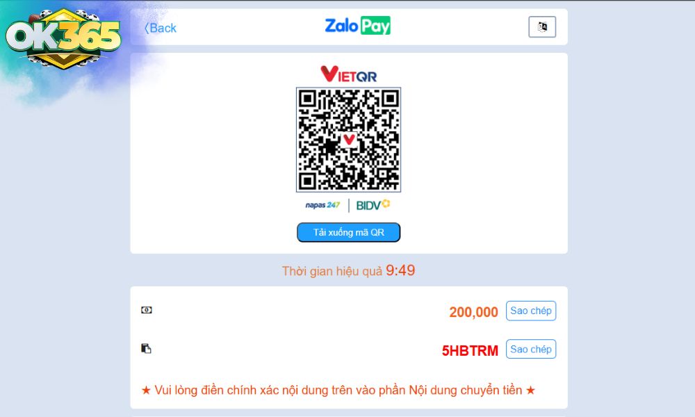 Nạp tiền trực tiếp từ Zalopay vào OK365